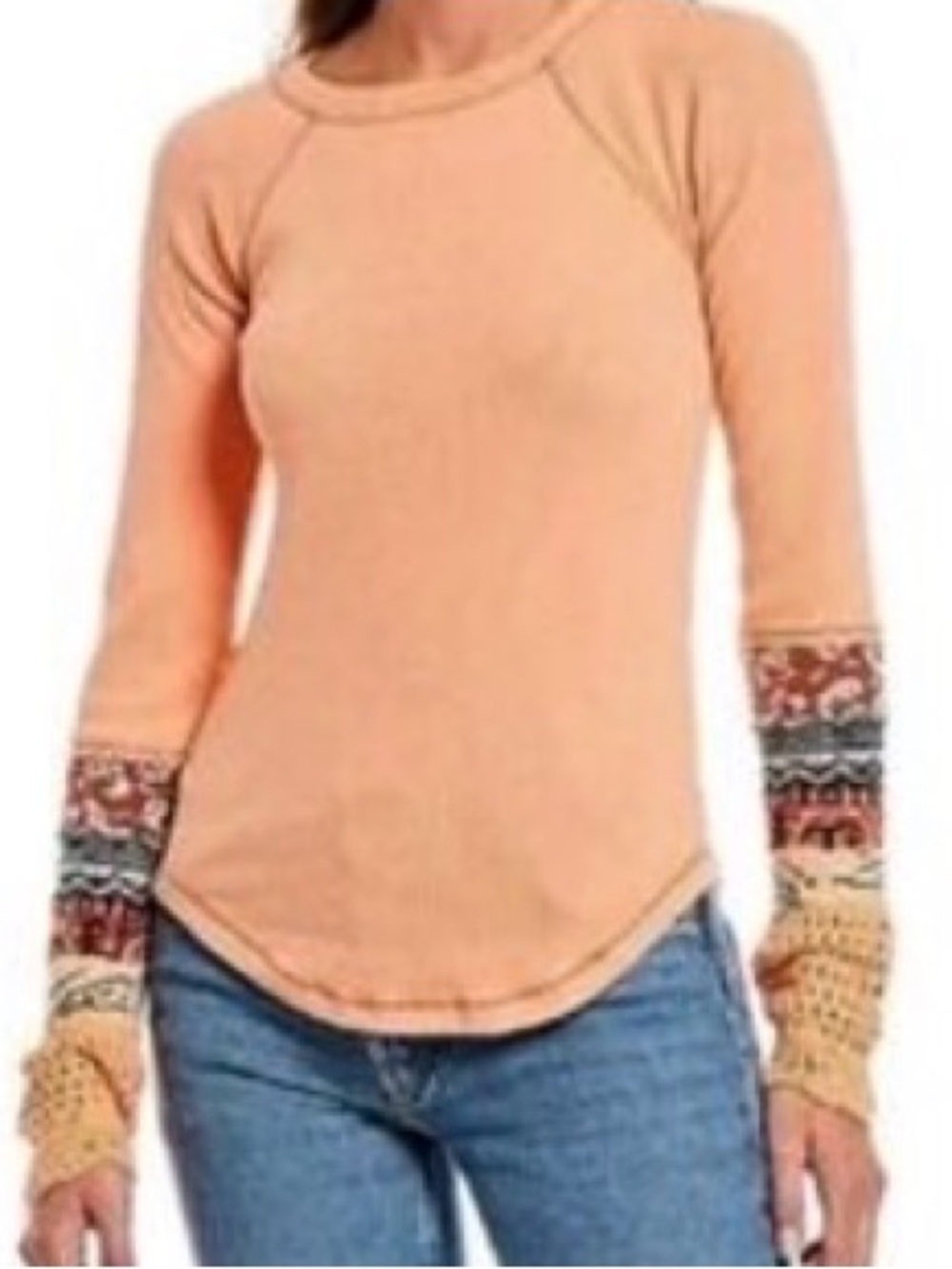 Free people xs thermal top Boho Crochet-Sleeve Long Sleeve Peach orange